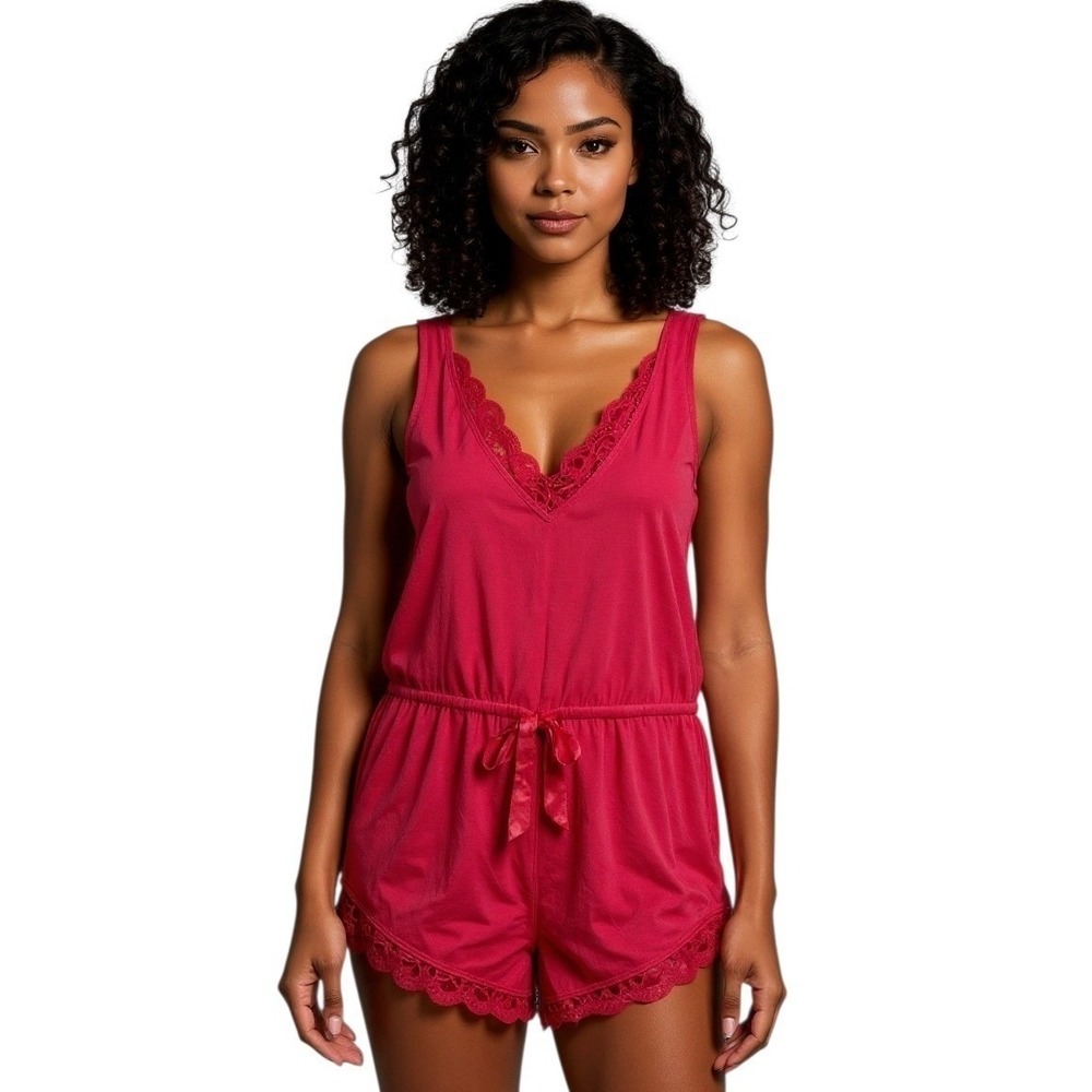 PJ Salvage Ruby Red Lace Trimmed Romper Pajamas Sleepwear L Modal Stretch New